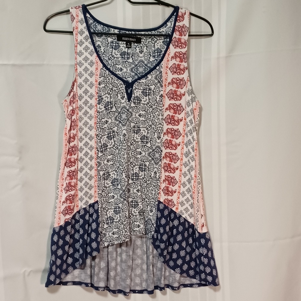 Ellen Tracy Womens Mixed Print Sleeveless V-Neck Ruffle Hem Tank Top N8718670 S